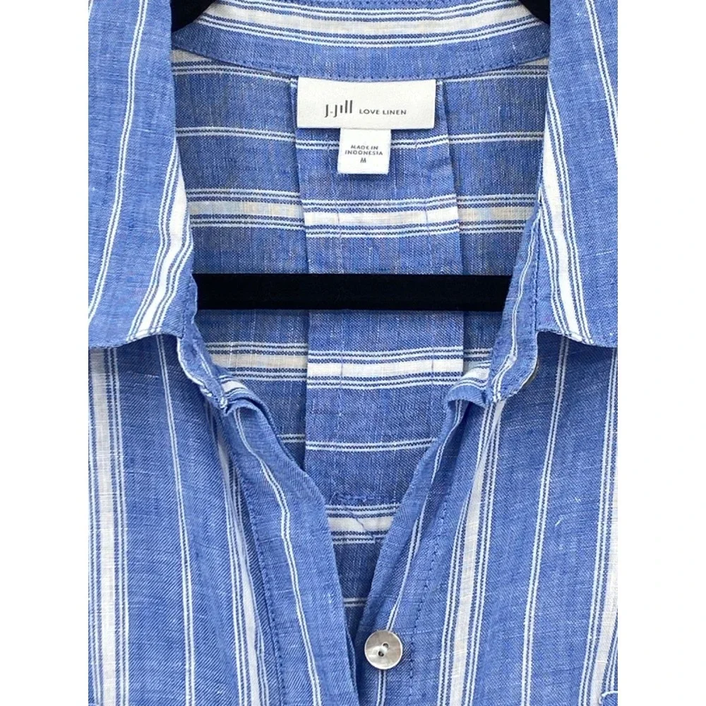 J Jill Love Linen Shirt womens Medium Blue & White Striped Linen Button-Up - Picture 3 of 11